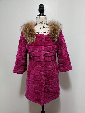 NewReal Rex Rabbit Lapin Fur Leather Puff Jacket Magenta Raccoon Striped No Fox